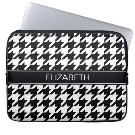 Zwart-witte houndstooth #2 Zwarte naam Monogram Laptop Sleeve