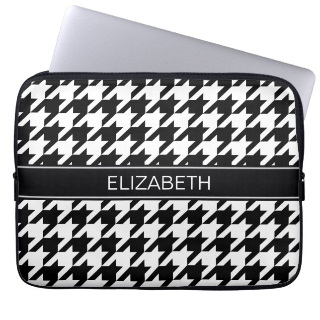 Zwart-witte houndstooth #2 Zwarte naam Monogram Laptop Sleeve (Voorkant)