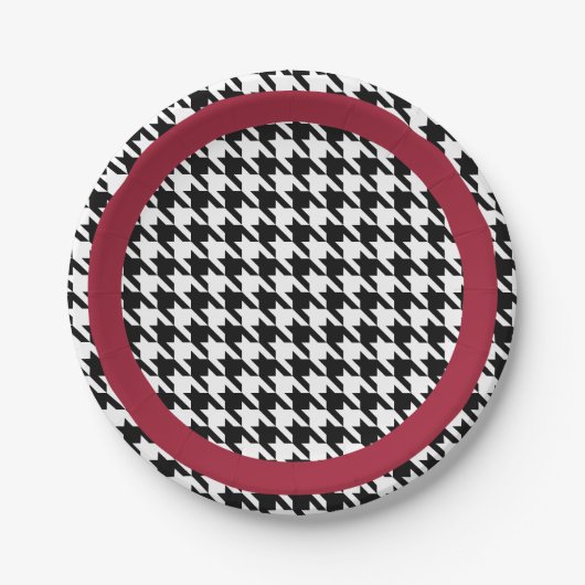 Zwart-witte houndstooth met crimson accent papieren bordje (Voorkant)