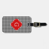Zwart Witte Houndstooth Rode Vierblad Monogram Bagagelabel (Voorkant horizontaal)