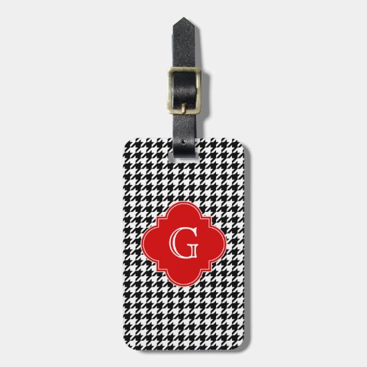 Zwart Witte Houndstooth Rode Vierblad Monogram Bagagelabel (Voorkant verticaal)
