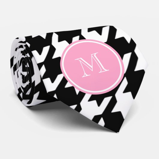 Zwart-witte houndstooth roze monogram stropdas (Opgerold)