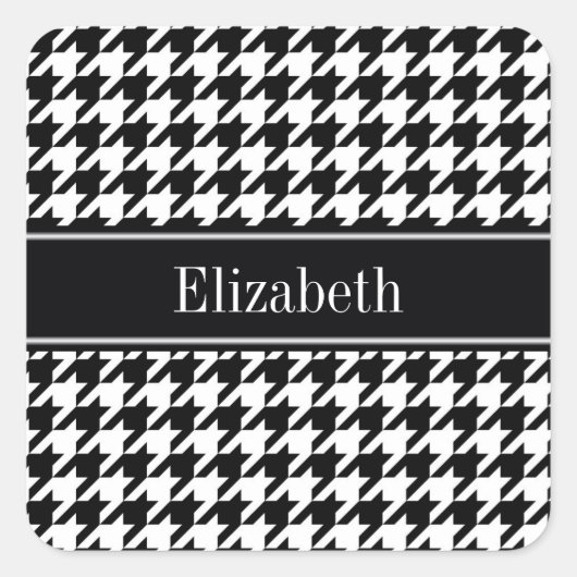 Zwart Witte Houndstooth Zwart Naam Monogram Vierkante Sticker (Voorkant)