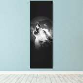 Zwart-witte howling Wolf & Moon Canvas Afdruk (Insitu (Houten vloer))