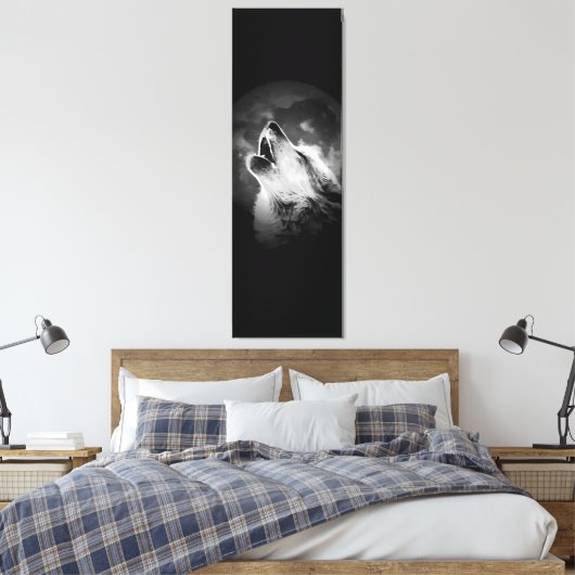 Zwart-witte howling Wolf & Moon Canvas Afdruk (Insitu (Slaapkamer))