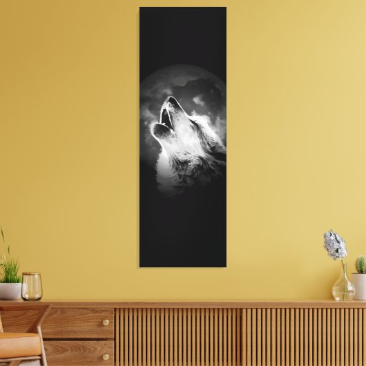 Zwart-witte howling Wolf & Moon Canvas Afdruk (Insitu (Woonkamer))
