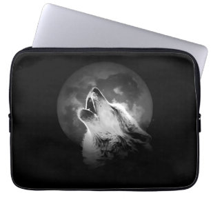 Zwart-witte howling Wolf & Moon Laptop Sleeve