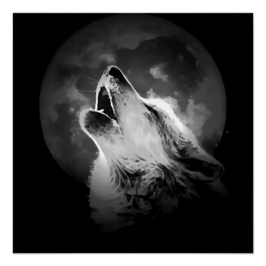 Zwart-witte howling Wolf & Moon Perfect Poster (Voorkant)
