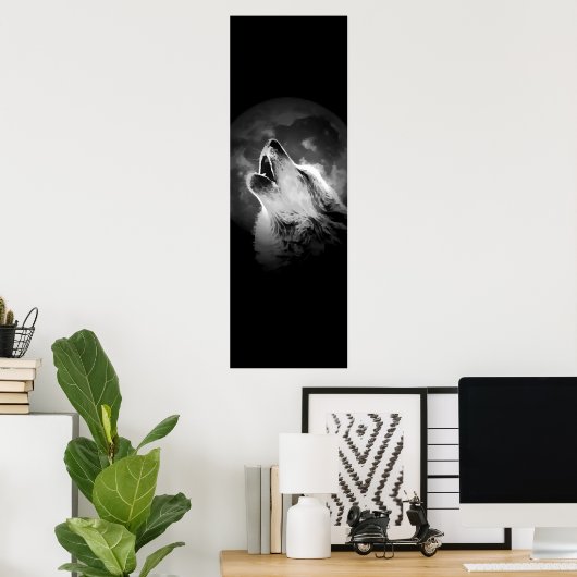 Zwart-witte howling Wolf & Moon Poster (Thuiskantoor)