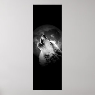 Zwart-witte howling Wolf & Moon Poster