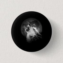 Zwart-witte howling Wolf & Moon Ronde Button 3,2 Cm