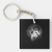 Zwart-witte howling Wolf & Moon Sleutelhanger (voorkant)