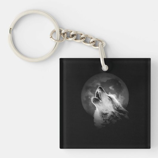 Zwart-witte howling Wolf & Moon Sleutelhanger (voorkant)