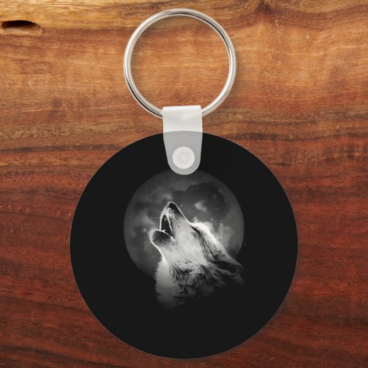 Zwart-witte howling Wolf & Moon Sleutelhanger (Voorkant)