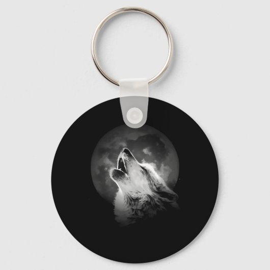 Zwart-witte howling Wolf & Moon Sleutelhanger (Achterkant)