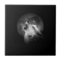 Zwart-witte howling Wolf & Moon