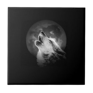 Zwart-witte howling Wolf & Moon Tegeltje