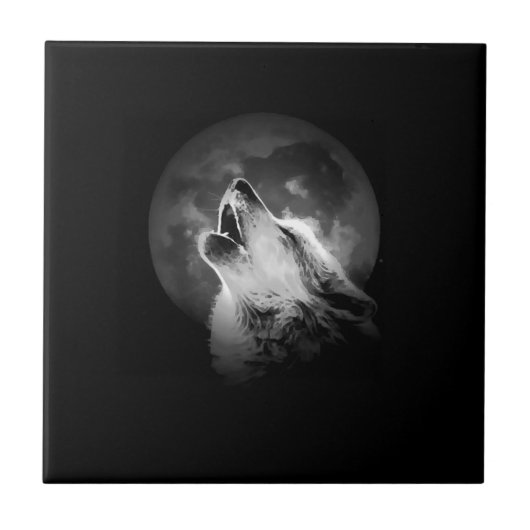 Zwart-witte howling Wolf & Moon Tegeltje (Voorkant)