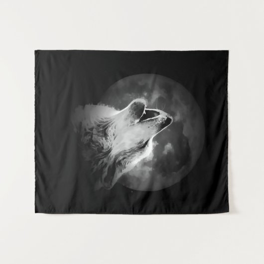 Zwart-witte howling Wolf & Moon Wandkleed (Voorkant (horizontaal))