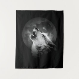 Zwart-witte howling Wolf & Moon Wandkleed