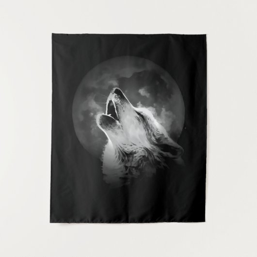 Zwart-witte howling Wolf & Moon Wandkleed (Voorkant)