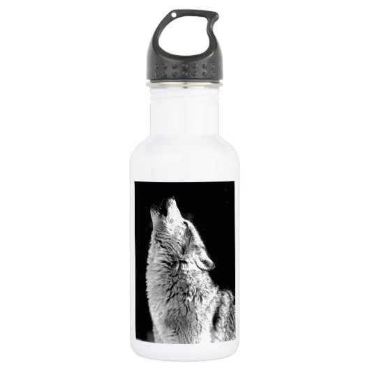 Zwart-witte howling Wolf Waterfles (Voorkant)