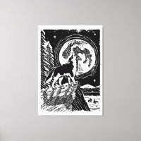 Zwart & Witte Huilende Husky 's Nachts Linocut
