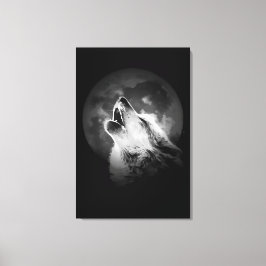 Zwart & Witte Huilende Wolf & Maan Canvas Afdruk