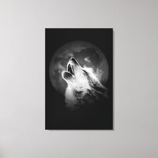 Zwart & Witte Huilende Wolf & Maan Canvas Afdruk (Voorkant)
