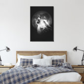 Zwart & Witte Huilende Wolf & Maan Canvas Afdruk (Insitu (Slaapkamer))