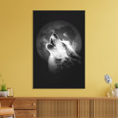 Zwart & Witte Huilende Wolf & Maan Canvas Afdruk (Insitu (Woonkamer))