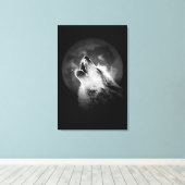 Zwart & Witte Huilende Wolf & Maan Canvas Afdruk (Insitu (Houten vloer))