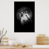 Zwart & Witte Huilende Wolf & Maan Poster (Keuken)