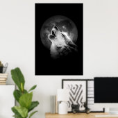 Zwart & Witte Huilende Wolf & Maan Poster (Thuiskantoor)