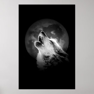Zwart & Witte Huilende Wolf & Maan Poster