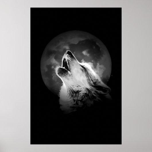 Zwart & Witte Huilende Wolf & Maan Poster (Voorkant)