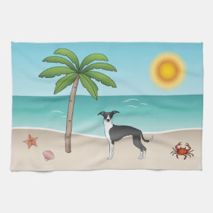 Zwart-witte Iggy-hond op tropisch zomerse strand Theedoek