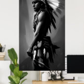 Zwart Witte Indiaan man Monochroom Poster (Thuiskantoor)