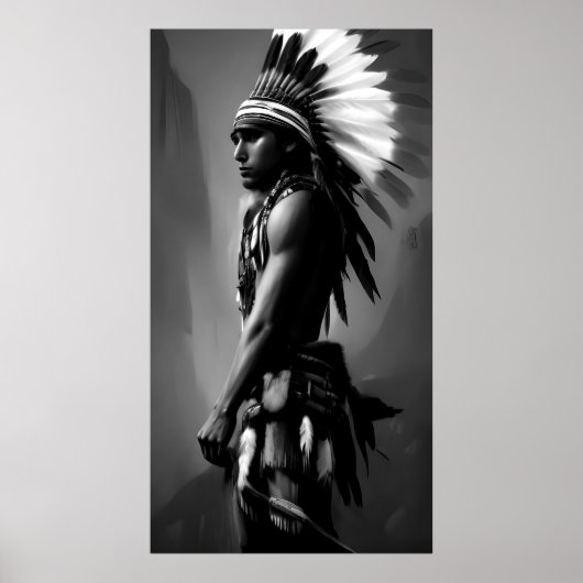 Zwart Witte Indiaan man Monochroom Poster (Voorkant)