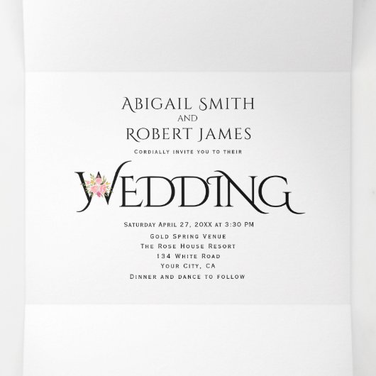 Zwart witte initialen, ampersand roze rozen bruilo drieluik uitnodiging (Binnenkant midden)