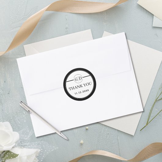 Zwart-witte initialen Dank u bruiloft Ronde Sticker