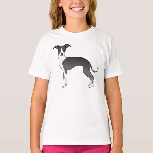 Zwart-witte Italiaanse Greyhound Cute Cartoon Dog T-shirt (Voorkant)