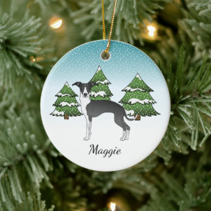 Zwart-Witte Italiaanse Greyhound in Winterbos Keramisch Ornament