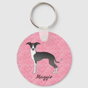 Zwart-Witte Italiaanse Greyhound Op Roze Harten Sleutelhanger