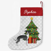 Zwart-witte Italiaanse grijnshond en kerstboom Kleine Kerstsok (Achterkant)