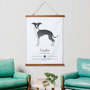 Zwart-witte Italiaanse Windhond Met Aangepaste Tek Hangend Wandkleed