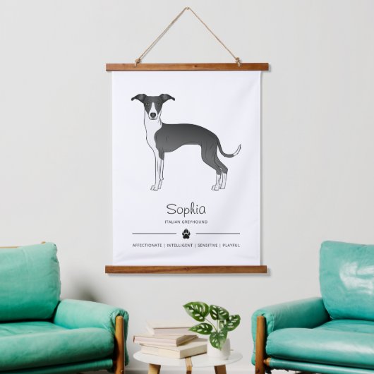 Zwart-witte Italiaanse Windhond Met Aangepaste Tek Hangend Wandkleed (Woonkamer)