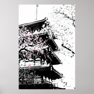 Zwart/Witte Japanse Pagode met Kersenbloesem Kunst Poster