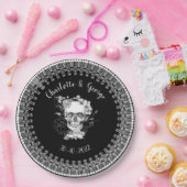 Zwart Witte Kant Bloemige Schedel Halloween Bruilo Papieren Bordje (Feest)