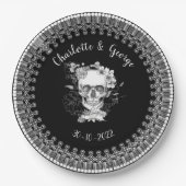 Zwart Witte Kant Bloemige Schedel Halloween Bruilo Papieren Bordje (Voorkant)